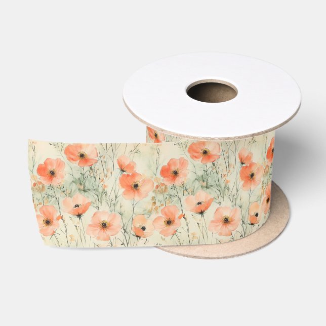 Springtime Watercolor Poppies Pattern Satin Ribbon (Spool)