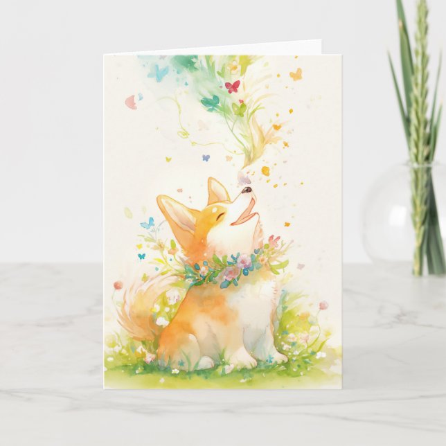 Springtime Whispers with a Happy Corgi Card (Front)