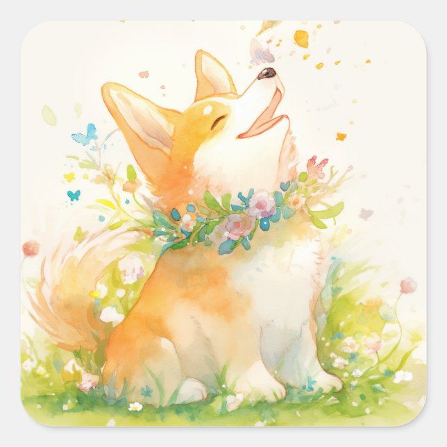 Springtime Whispers with a Happy Corgi Square Sticker (Front)