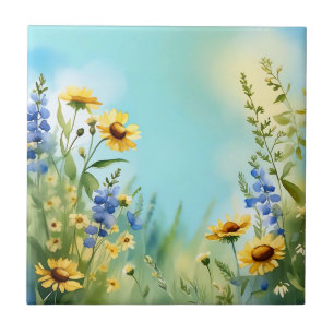 Springtime Wildflowers In Soft Blue Ceramic Tile