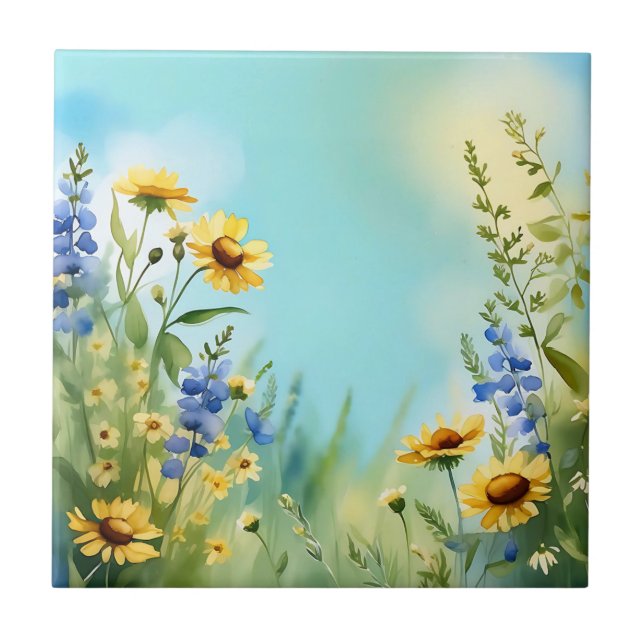 Springtime Wildflowers In Soft Blue Ceramic Tile (Front)