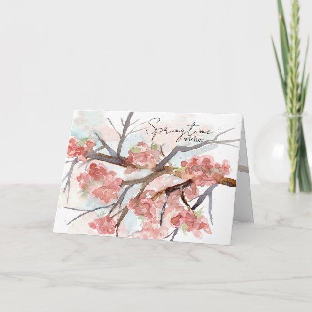 Springtime Wishes Pink Cherry Blossom Tree Card (Front)