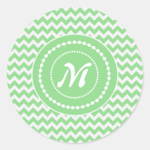 Springy Green Monogrammed Chevron Classic Round Sticker