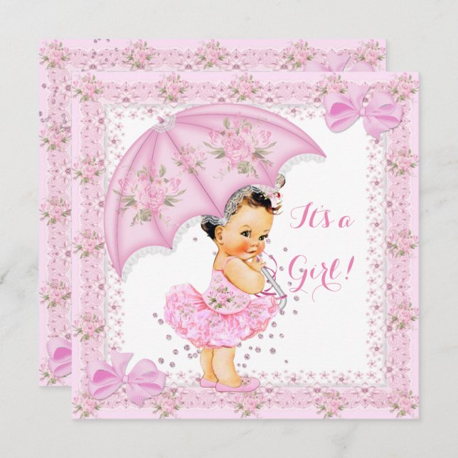 Sprinkle Baby Shower Girl Floral Pink Umbrella Invitation (Front/Back)