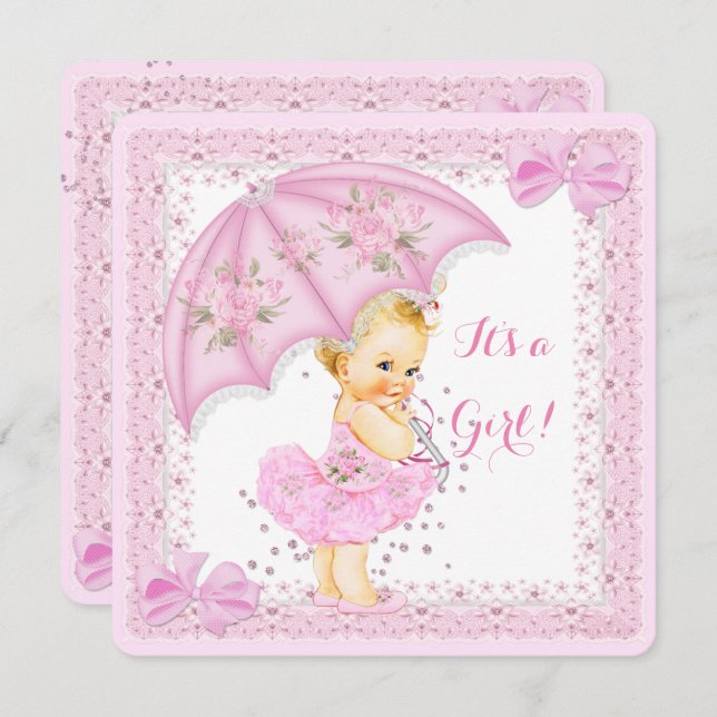 Sprinkle Baby Shower Girl Pink Umbrella Blonde Invitation (Front/Back)