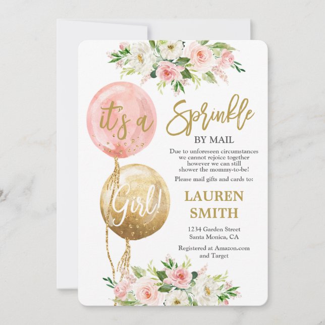 Sprinkle by Mail pink balloons baby shower girl Invitation (Front)