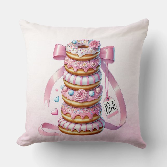 Sprinkle Doughnuts Pink Ribbon Throw Pillow (Front)