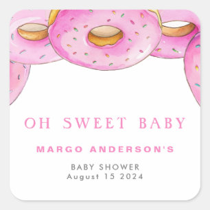 Sprinkle Doughnuts Watercolor Pink Baby Shower Square Sticker
