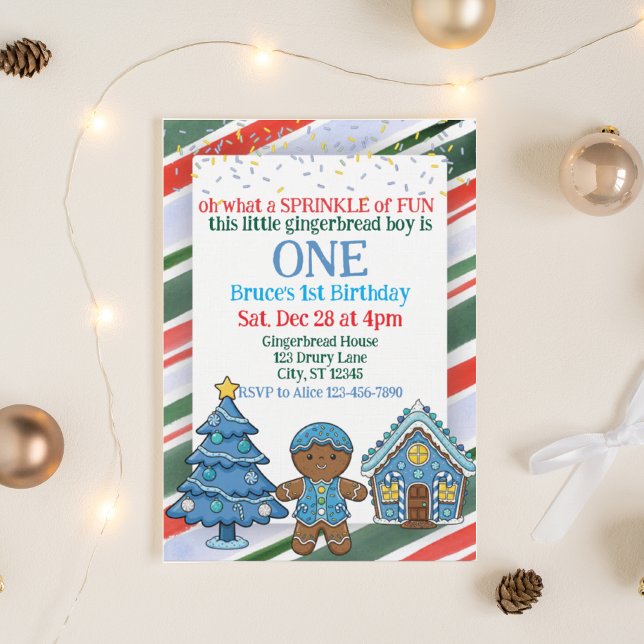 Sprinkle Gingerbread, Blue Holiday 1st Birthday Invitation (Creator Uploaded)