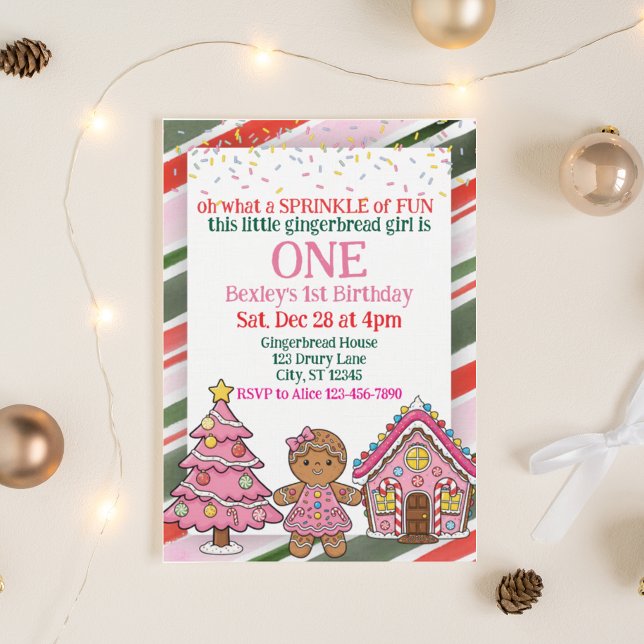 Sprinkle Gingerbread, Pink Holiday 1st Birthday Invitation (Creator Uploaded)