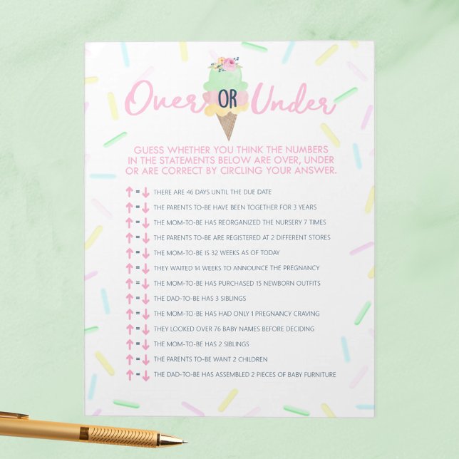 Sprinkle Ice Cream Over or Under Shower Game Pack Notepad (Over or Under Ice Cream Scooped Up Bridal Shower Game Pack of 40 Answer Sheets)