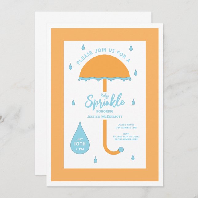 Sprinkle Shower Cute Umbrella | Orange & Blue Invitation (Front/Back)