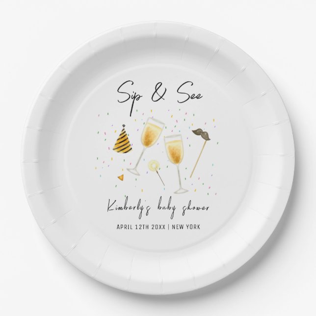 Sprinkle Sip and See Champagne Glass Baby Shower Paper Plate (Front)