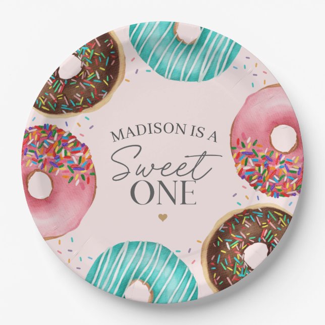 Sprinkled Doughnut 1st Birthday Party Table Decor Paper Plate (Front)