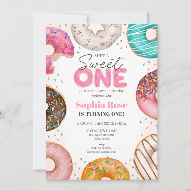 Sprinkled Doughnut Sweet ONE 1st Birthday Party Invitation (Front)