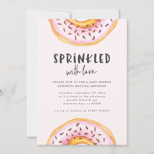 Sprinkled with love doughnut baby shower announcement (Front)