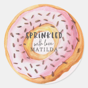 Sprinkled with love girly pink doughnut baby showe classic round sticker