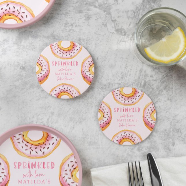 Sprinkled with love pink doughnut baby shower round paper coaster (Creator Uploaded)