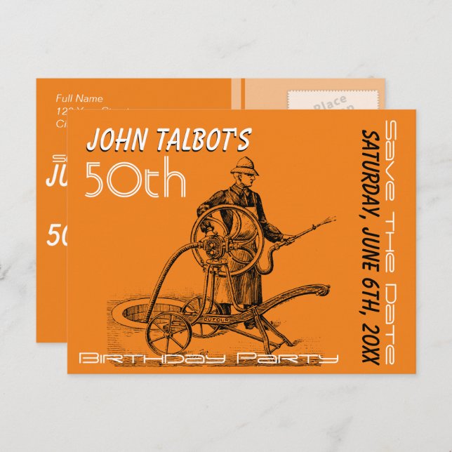 Sprinkler or Fireman 50th Birthday Save The Date Announcement Postcard (Front/Back)