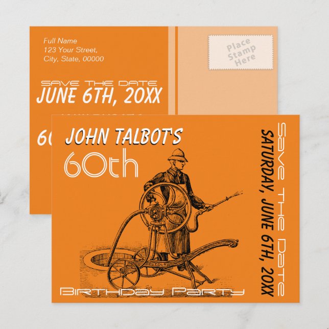 Sprinkler or Fireman 60th Birthday Save The Date Announcement Postcard (Front/Back)