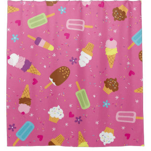 Sprinkles, cupcakes, ice cream, and popsicles scat shower curtain