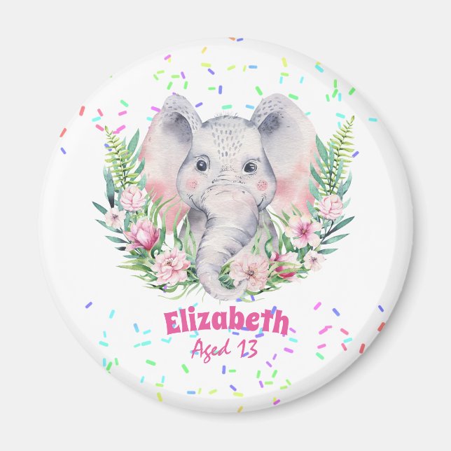 Sprinkles Elephant Boho Floral Girls NAMED Gift Magnet (Front)