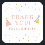 Sprinkles Kids Birthday Party Thank You Square Sticker<br><div class="desc">A festive kids birthday party thank you favour sticker featuring rainbow sprinkles and hand drawn party hats.</div>