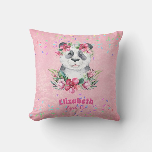 Sprinkles PANDA BEAR Pink Boho Flowers Girls Named Cushion (Front)