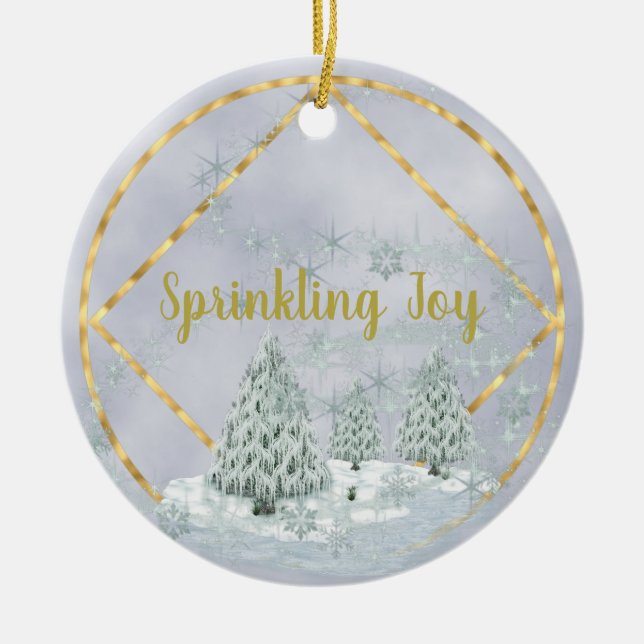 Sprinkling Joy Christmas Winter Scene Ceramic Ornament (Front)