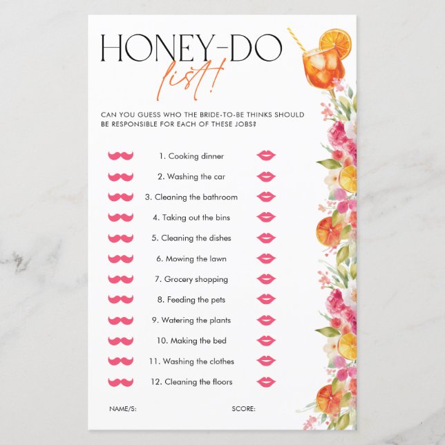 Spritz Citrus Honey Do List Bridal Shower Game (Front)