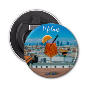 Spritz cocktail on a table with view of Milan Bottle Opener