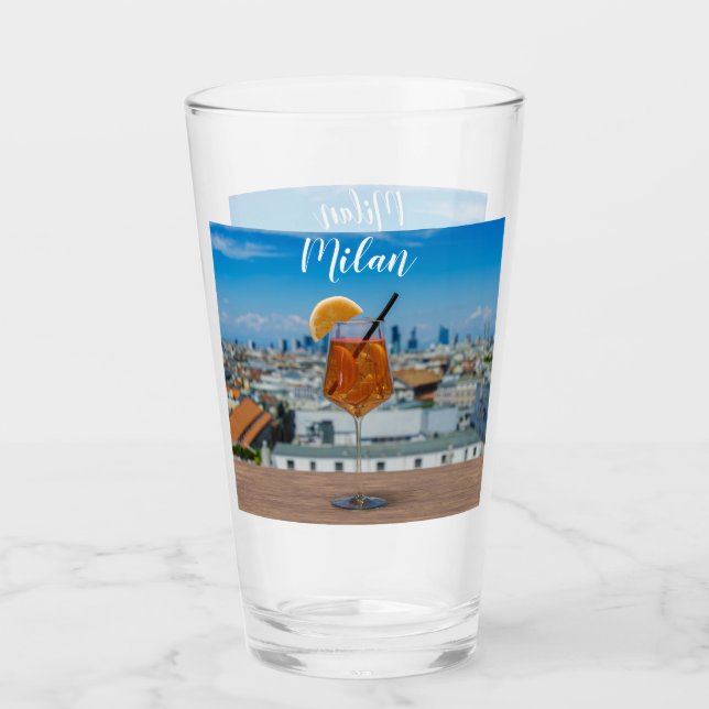 Spritz cocktail on a table with view of Milan Glass (Front)