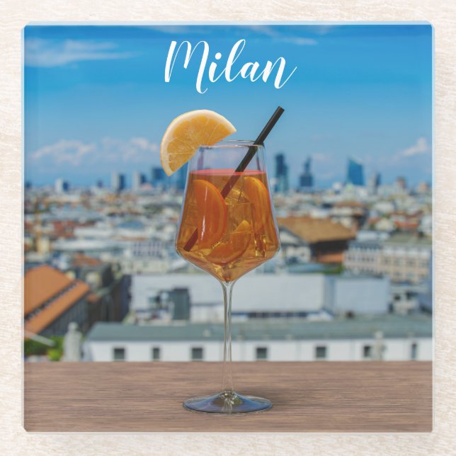 Spritz cocktail on a table with view of Milan Glass Coaster (Front)