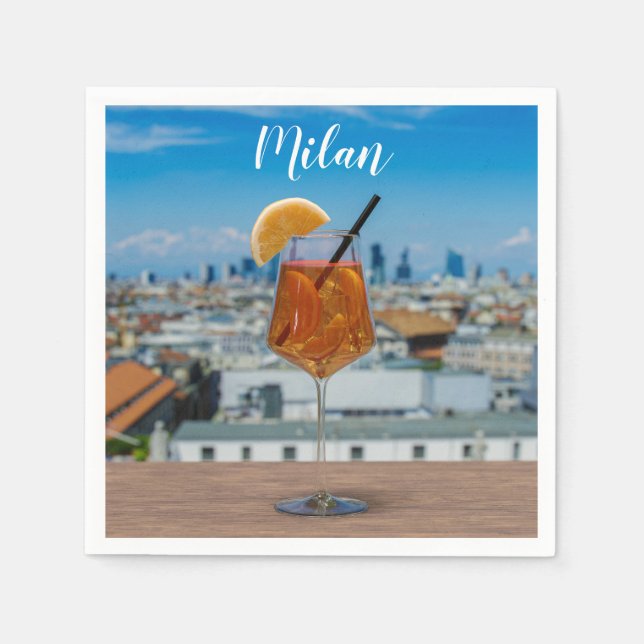 Spritz cocktail on a table with view of Milan Napkin (Front)