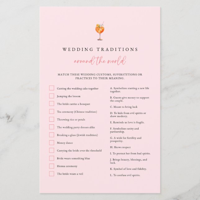 Spritz Wedding Traditions Bridal Shower Game (Front)