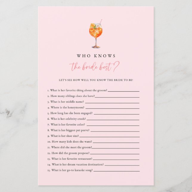Spritz Who Knows The Bride Best Bridal Shower Game (Front)
