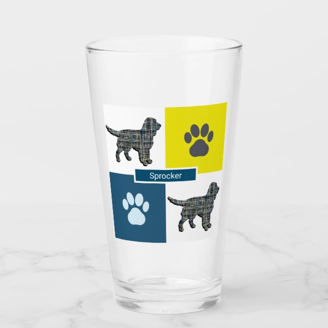Sprocker Spaniel Dog Silhouette & Paw Y&B Grid Glass (Front)