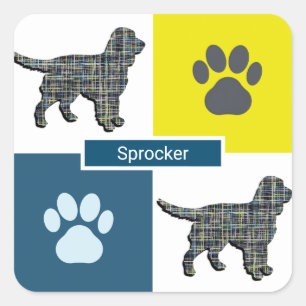 Sprocker Spaniel Dog Silhouette & Paw Y&B Grid Square Sticker