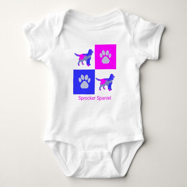 Sprocker Spaniels Dog & Paw Print Pink and Blue  Baby Bodysuit (Front)