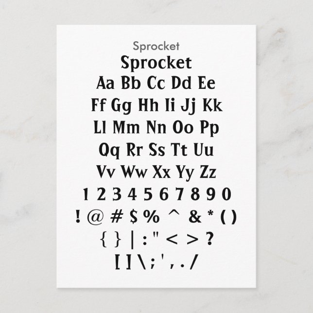 Sprocket - Zazzle Font Sampler Sheet Postcard (Front)