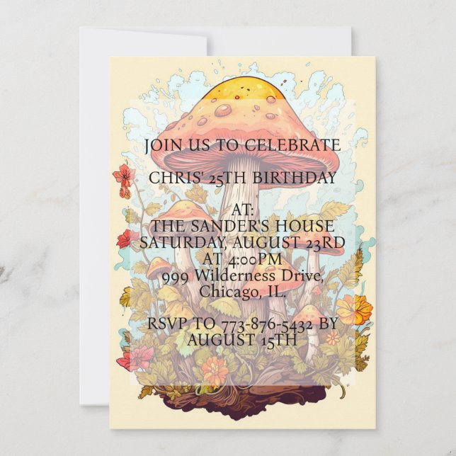 Sprouting Mushroom Illustration Birthday Party Invitation (Front)