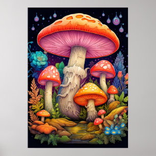 Sprouting Wild Forest Mushrooms Illustration Poster