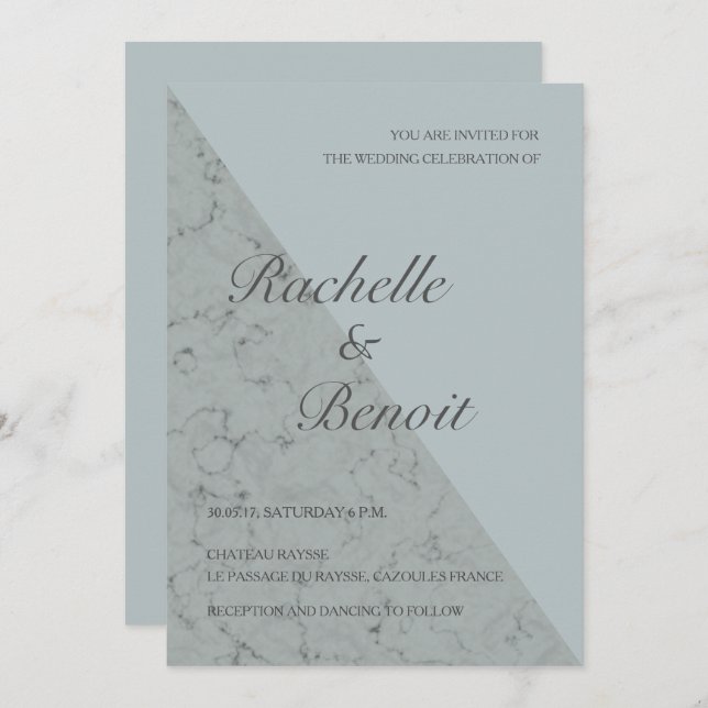 Spruce blue grey marble elegant modern wedding invitation (Front/Back)