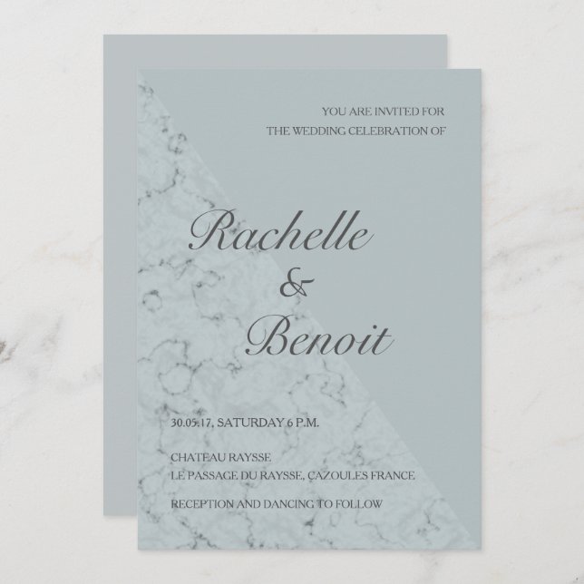 Spruce blue grey marble elegant modern wedding invitation (Front/Back)