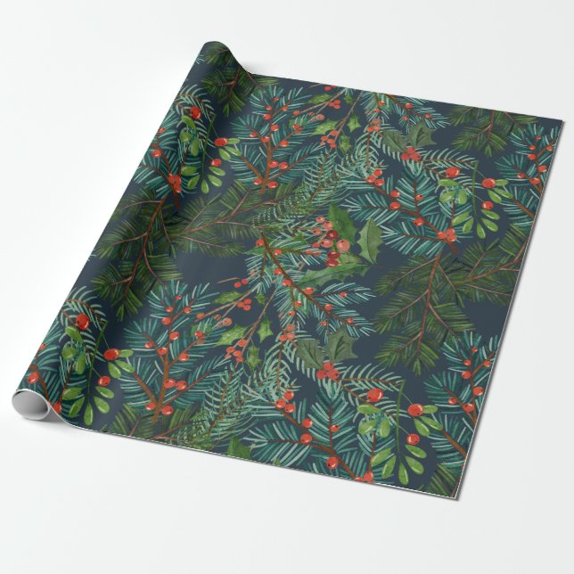 Spruce branches and omella Christmas pattern Wrapp Wrapping Paper (Unrolled)