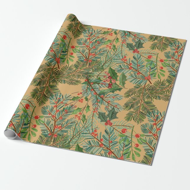 Spruce branches and omella Christmas pattern Wrapp Wrapping Paper (Unrolled)