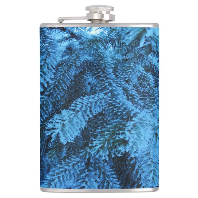 Spruce branches covered with snow & frost crystals hip flask (Front)