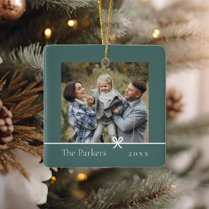 Spruce Green Minimalist Bow Double Sided Photo Ceramic Ornament