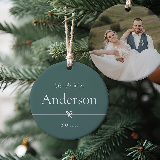 Spruce Green | Simple Minimal Bow Wedding Photo Ceramic Ornament (Creator Uploaded)