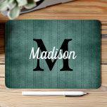 Spruce Green Vintage Pinstripe Retro Monogram Mouse Pad<br><div class="desc">This design features a vintage pinstripe pattern in spruce green with black dashed stripes. Personalise it with your monogram initial in black and your name in white retro script.</div>